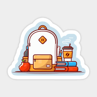 Backpack, Book, Apple And Coffee Cup Cartoon Vector Icon Illustration Sticker